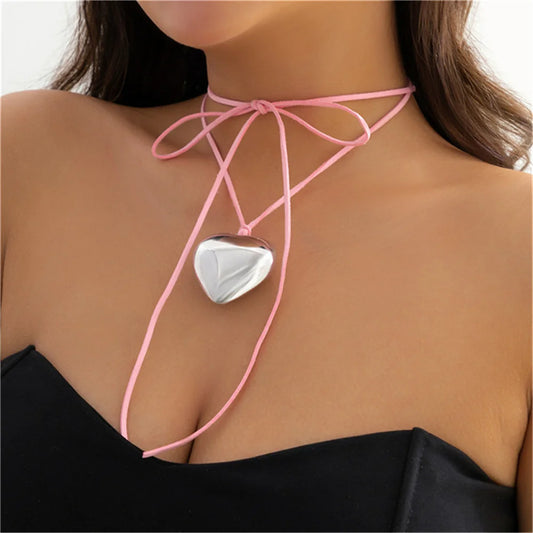 Metal Heart Pink Red flannelette Chain Necklace Knitted Bowknot Choker Neck Tie Love