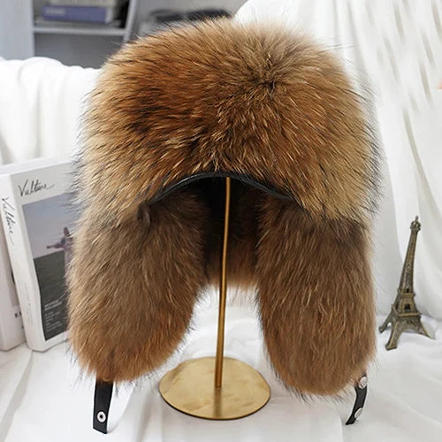 2025 Cap 100% Raccoon Dog Full Fur Fox Fur Hat Men's Fur Ear Protection Winter Thickened and Warm Russian Hat Men's Trend