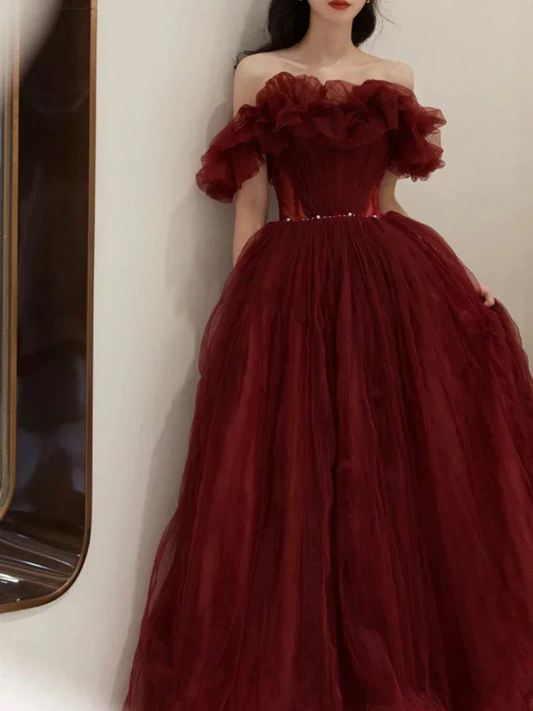 Evening wear Dresses: Fairy Red Boat Neck Evening Dresses Elegant Slim Waist