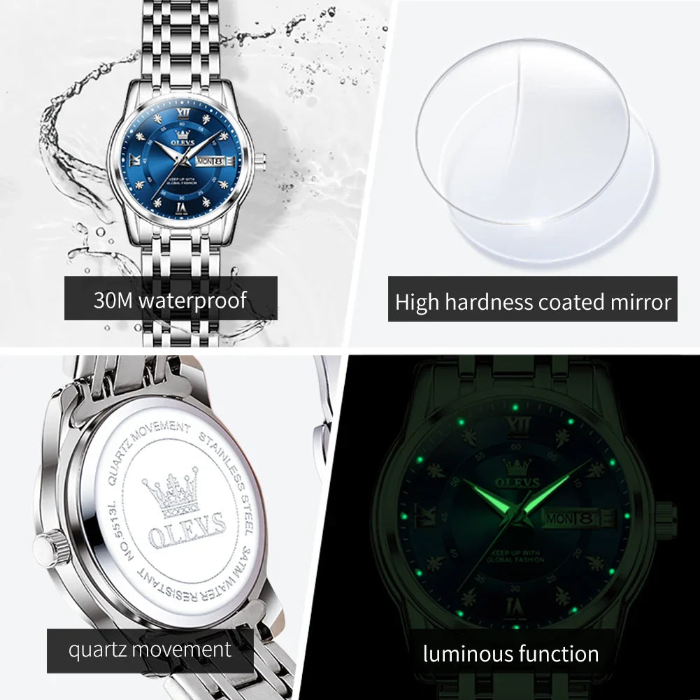 OLEVS 5513 Quartz Watch for Women Diamond Scale Dual Calendar Stainless Steel Strap Waterproof Watch Elegant Ladies Wristwatches