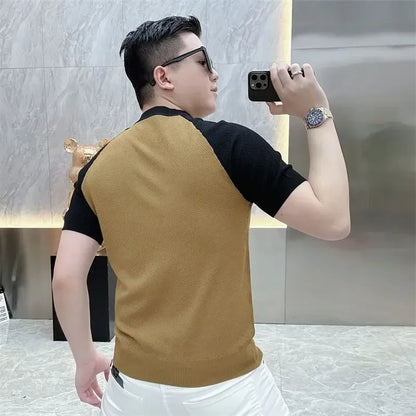 Summer Korean Short-sleeved Casual T-shirt Men New Fashion Contrasting Color Slim Rotator Sleeves Breathable Round Neck Knitted