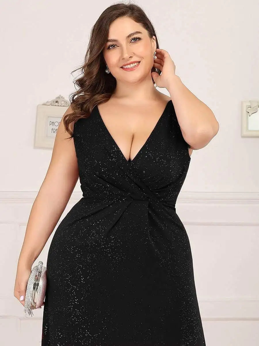 Homecoming Dresses: Plus Evening Dresses V Neck Hidden zipper With Side Split Black