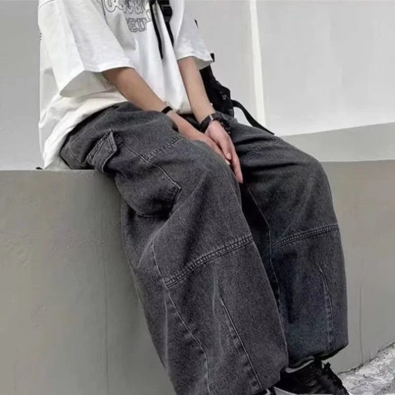 Spring Autumn Men Baggy Jeans Men Wide Leg Pants Big Pockets Elastic