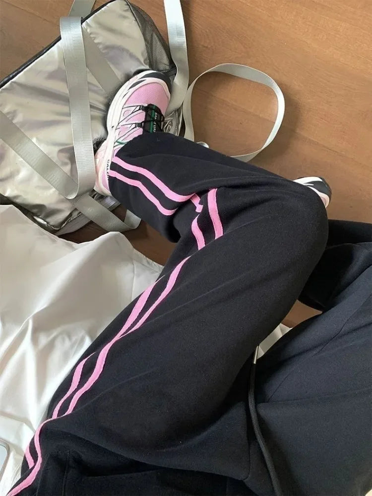 Pink Striped Sweatpants Women Preppy High Waist Loose Casual Trousers