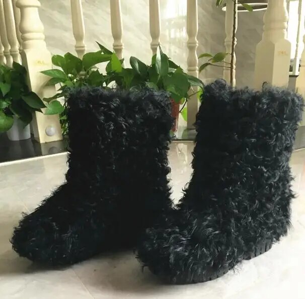 Winter Women Black Brown Wool Fur Round Toe Thick Sole Snow Boots