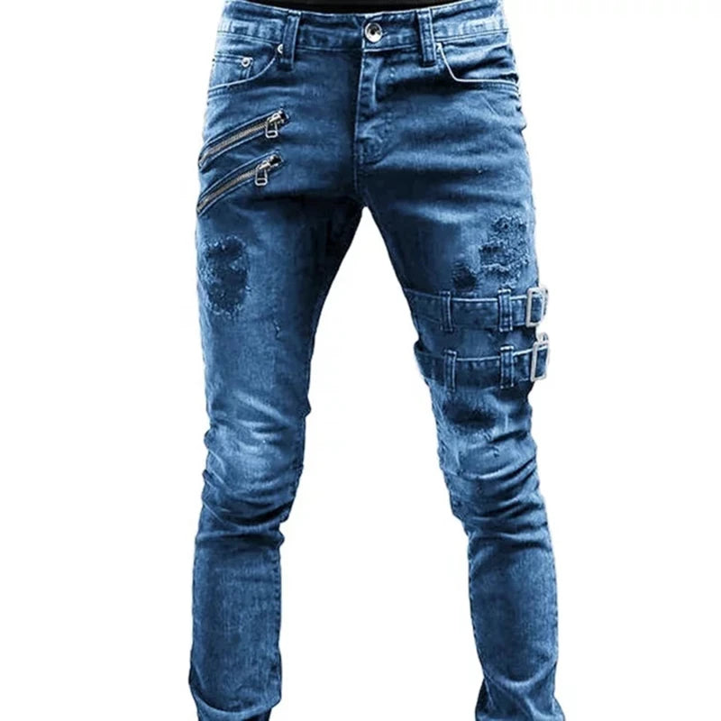 Men Slim Biker Ripped Long Denim Trousers Skinny Jeans Pocket Side Straps