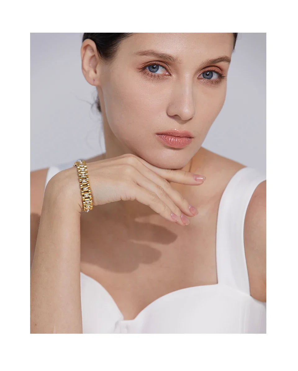 Yhpup 18cm Stainless Steel Imitation Pearls PVD Gold Plated Thick Cuban Chain Charm Bangle Bracelet Fashion Jewelry Wome