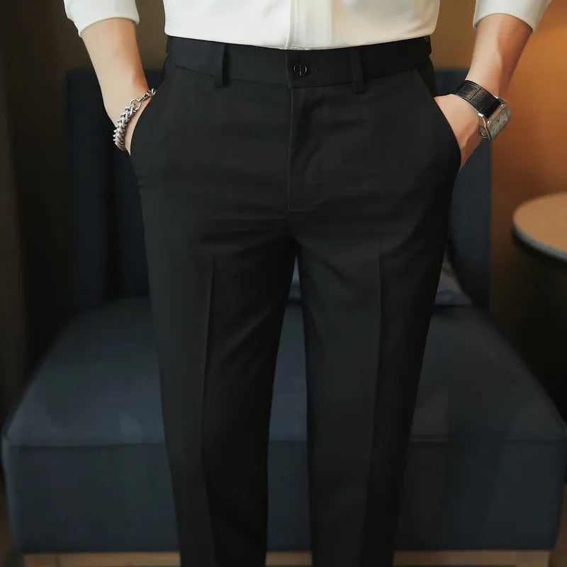 Men's Formal Trousers Belt Design Man Dress Pants Simple Slim Fit