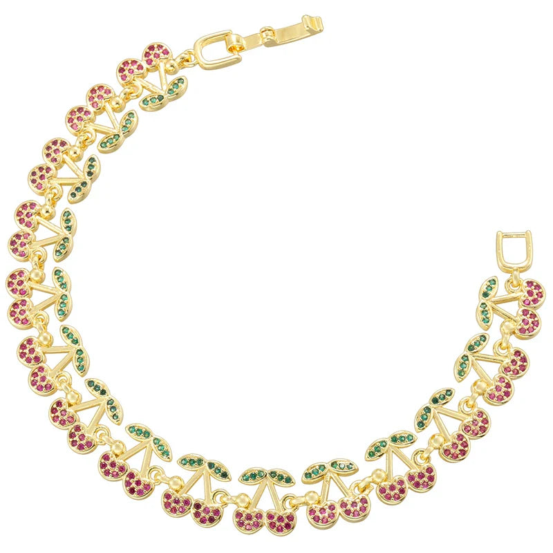 ZHUKOU Korea Fashion Red Cherry Zirconia Bracelet Women's Dopamine Style Jewellery Party Accessories:VL639