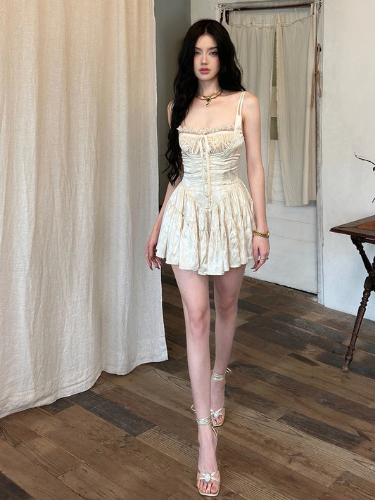 Evening Dresses: Mini Dress Women Stitch Lace Trim Jacquard Ruffle Romper