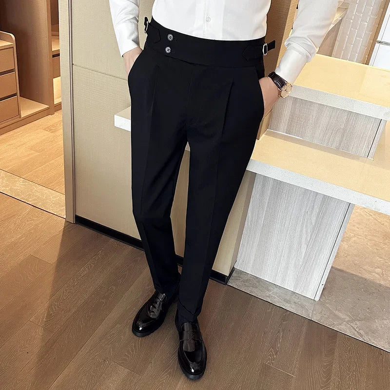 Autumn Winter High Waist Business Dress Pants Men Casual Belt Design Slim Suit Pants