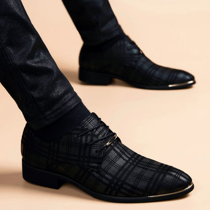 Fashion Mens Leather Concise Shoes Men's Business Dress Pointy Plaid Black Shoes Breathable Formal Wedding Basic Shoes Men