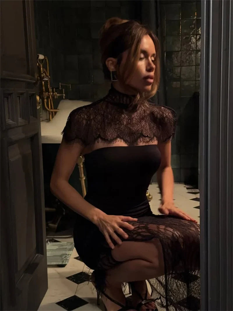 Mozision Lace Backless Sexy Mini Dress Women Gown Elegant See Through Turtleneck Sleeveless Bodycon Club Party Dresses Female