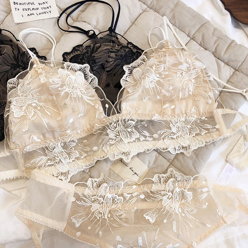 French Lace Flowers Embroidery Bra Set Ultra Thin Women Underwear