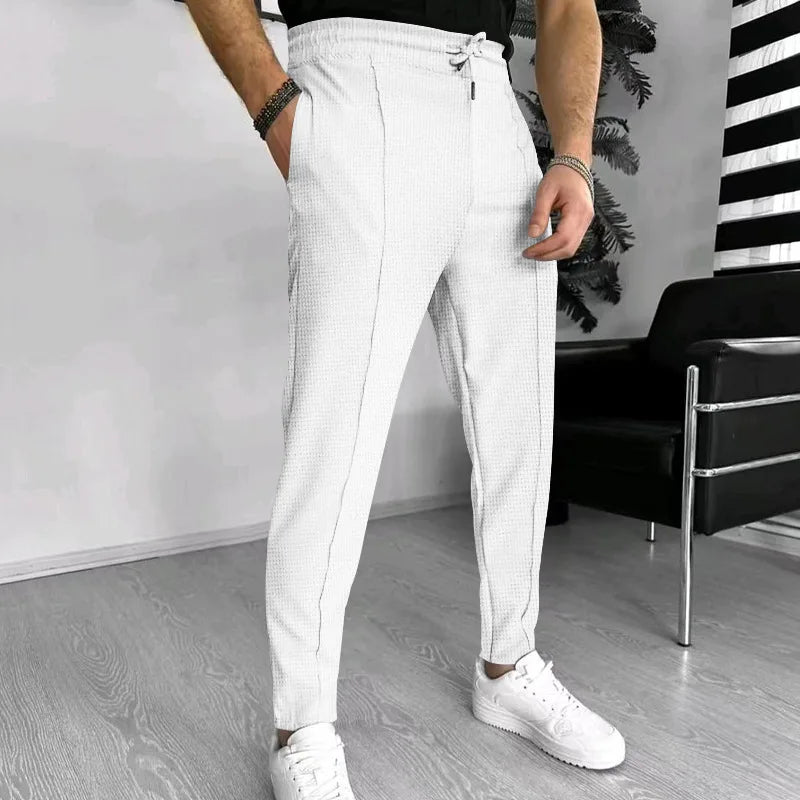 Men's Trousers waffle plaid drawstring sports pants for men Casual Loose Straight Pants