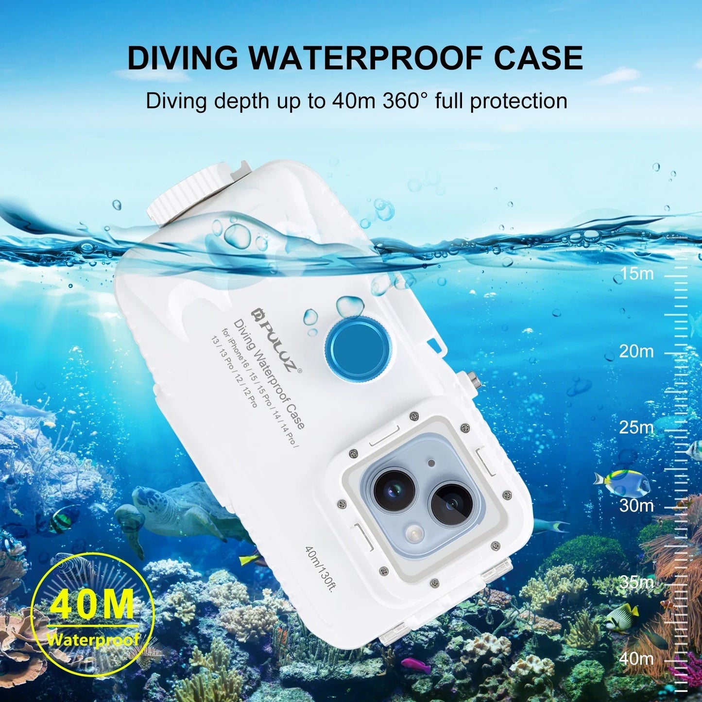 PULUZ 40m/130ft Waterproof Diving Case for iPhone 16 15 14 13 12 11 Pro Max Plus Photo Video Taking Underwater Housing Cover