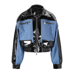 Denim Patchwork Leather Jackets Trend Men's Fashion Silhouette Short