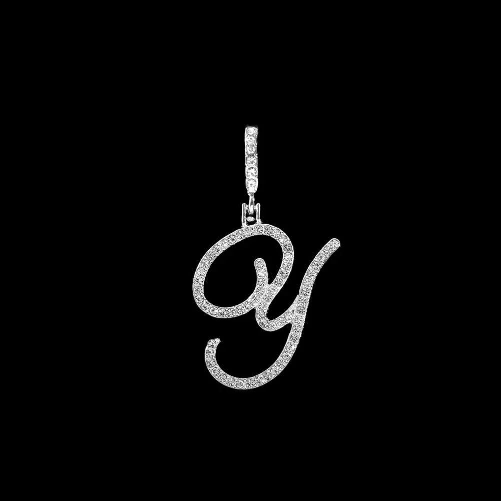 Fashion 26 Cursive Initial Letter Zircon Pendant Necklace For Women Shiny Crystal Alphabet Rope Chain Necklace Hip Hop Jewelry