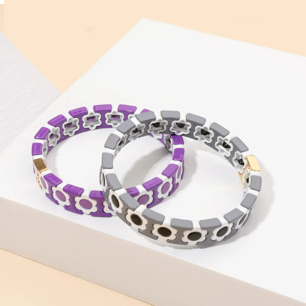 New Design Colorful Flower Charms Bangle For Women Handmade Bohemian Elastic Flower Bracelets Metal Beads Jewelry