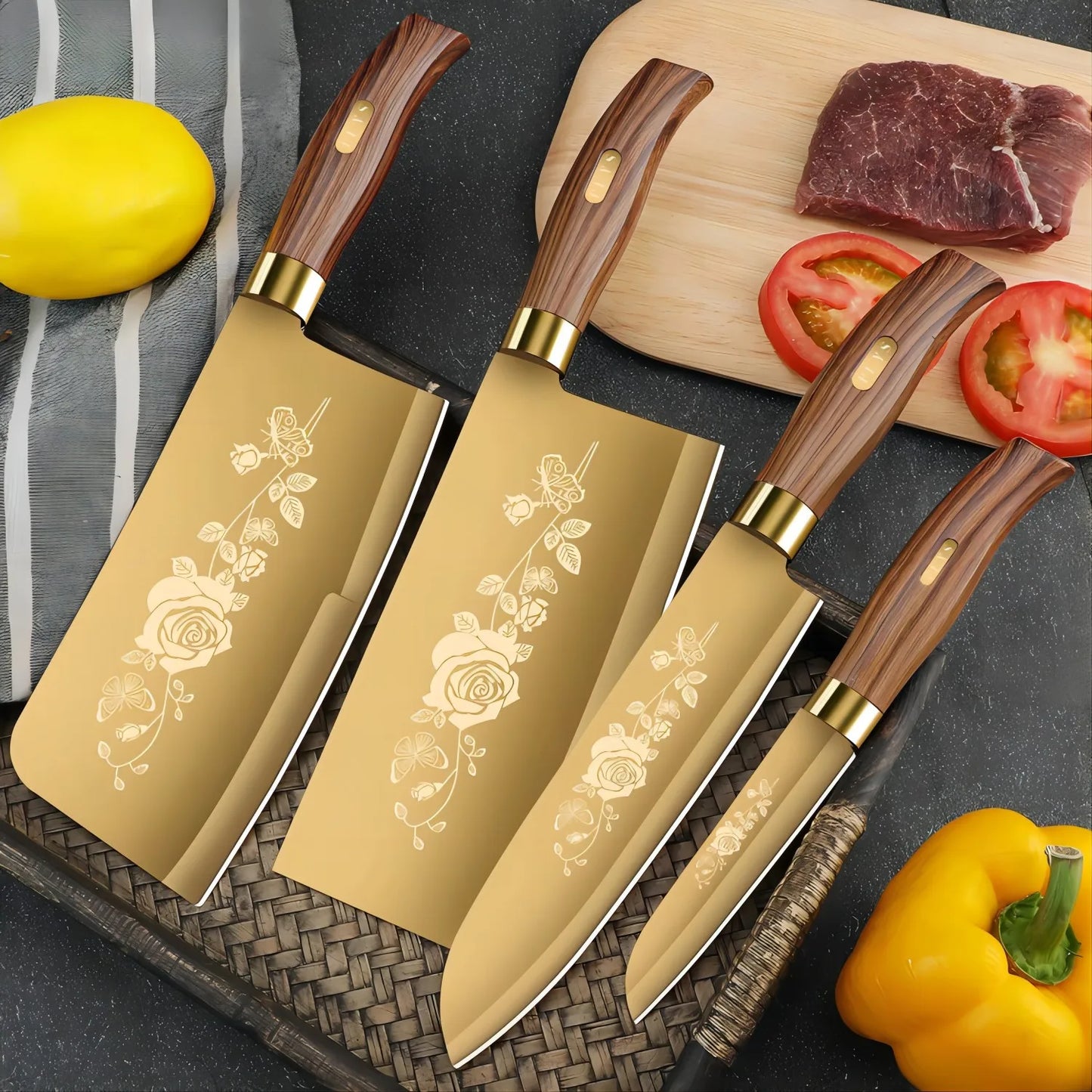 Commercial Gold Kitchen Knives Complete - Special vegetable, meat, and bone knives