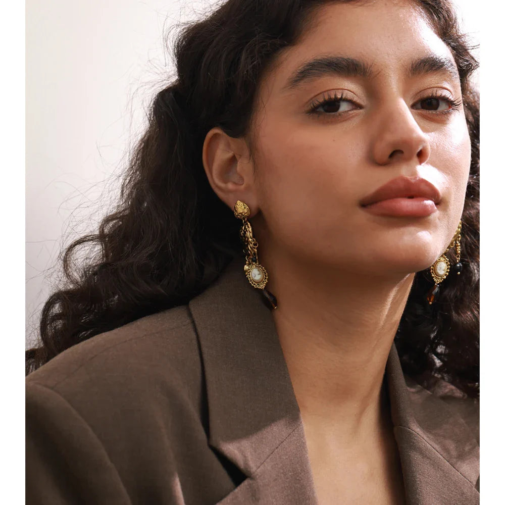 Yhpup Vintage Stainless Steel Heart Cross Key Charm Pendant Drop Earrings Golden Plated Crystal Resin Stone Waterproof Jewelry