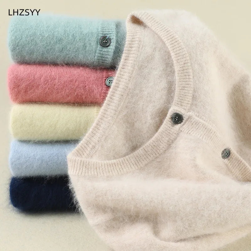 Women Cardigan Large Size Warm Pure Mink Cashmere Sweaters O-neck Loose Coat