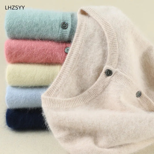 Women Cardigan Large Size Warm Pure Mink Cashmere Sweaters O-neck Loose Coat