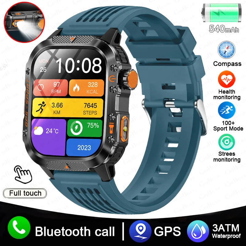2025 New Military Outdoor Smart Watch Men's GPS Flashlight Bluetooth Call 2.01" AMOLED Screen 3ATM Waterproof Sports Smartwatch