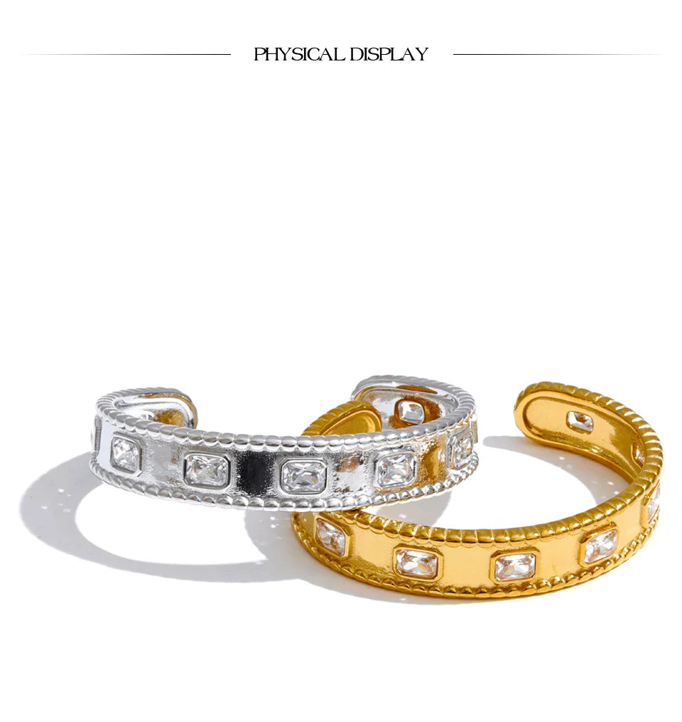 Yhpup 62mm High Quality Stainless Steel Square Zirconia Cuff Bracelet Bangle Trending Texture Premium Jewelry Recommend