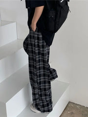 Black Women Plaid Pants Casual Oversize Loose Wide Leg Trouser