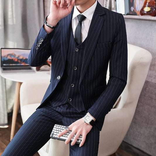 Explosive Striped Casual Suit Men's Three-piece Set Young Handsome