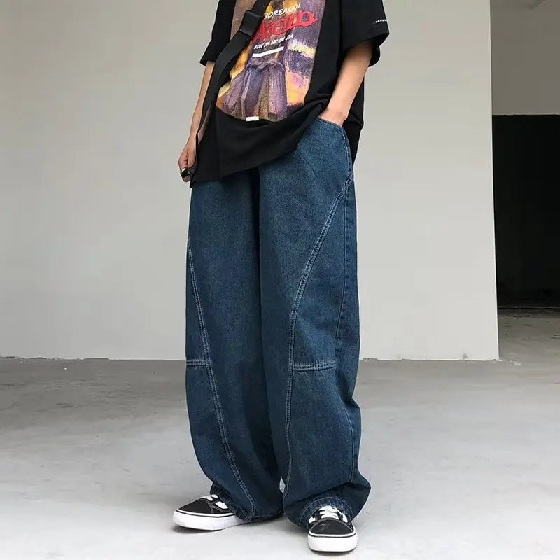 Japanese Oversized Jeans Men's Fashion Baggy Solid Color Casual Stitching Trousers
