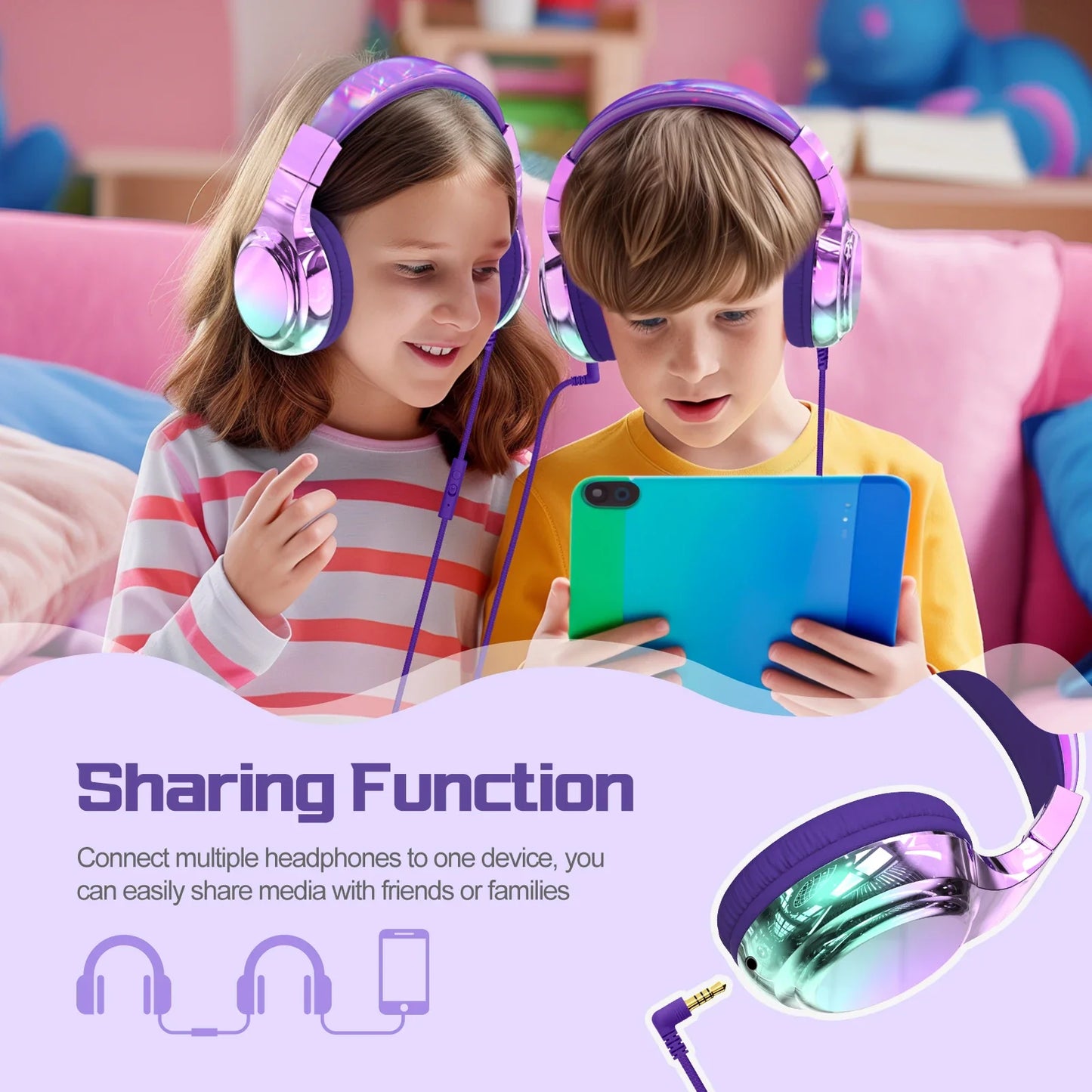 Kids Headphones Wired for School 85/94dB Volume Limiter Foldable Stereo Sound Headset with Mic for Kids Girls Learning Tablet PC