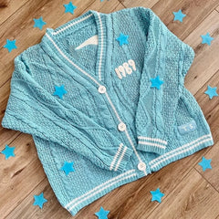 Blue Cardigan 1989 for Women's Autumn and Winter Bird Embroidery Special Knit