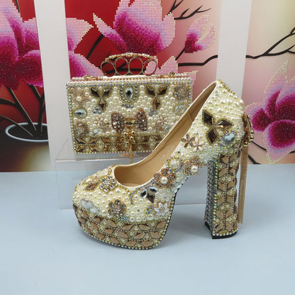 Gold Wedding Shoes and bag Set Woman 14cm High Pumps Thick Heel