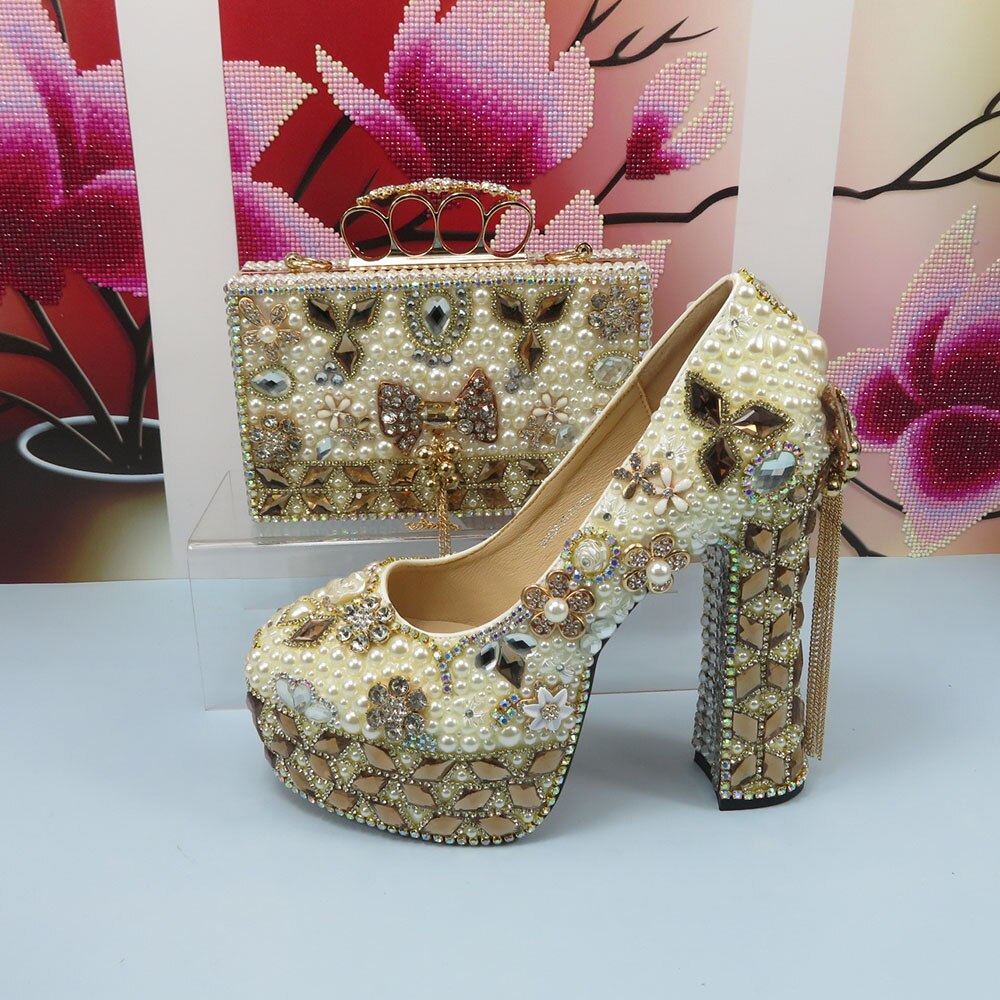 Matching Shoes and Bags: Gold Wedding Shoes and bag Set Woman 14cm High Pumps