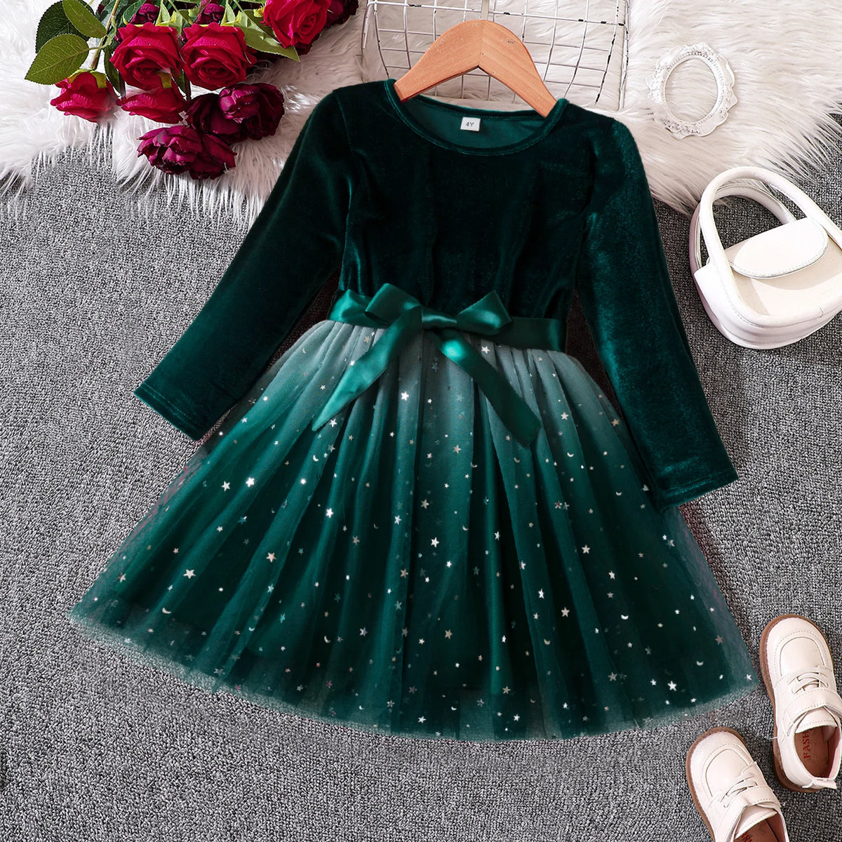 Girls Dress Autumn Winter Long Sleeve Bow Sequin Princess Dress