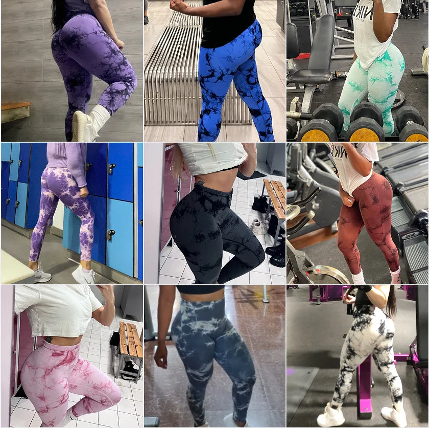 Women Tie Dye Gym Leggings Seamless Yoga Pants Scrunch Sports Fitness Tights