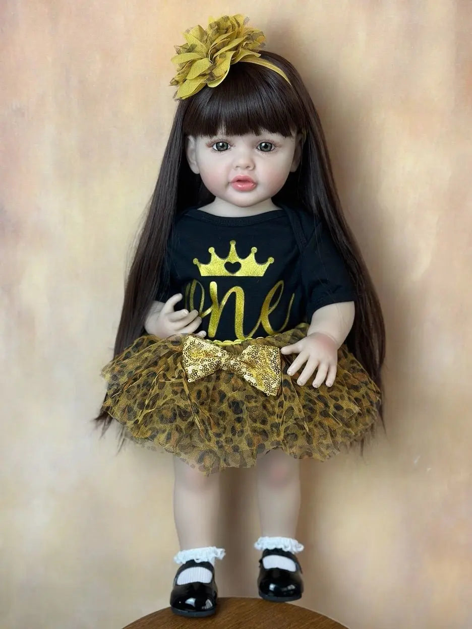 BZDOLL 55cm 22inch Lifelike Reborn Baby Girl Doll Soft Silicone Long Brown Hair Realistic Princess Toddler Bebe Birthday Gift