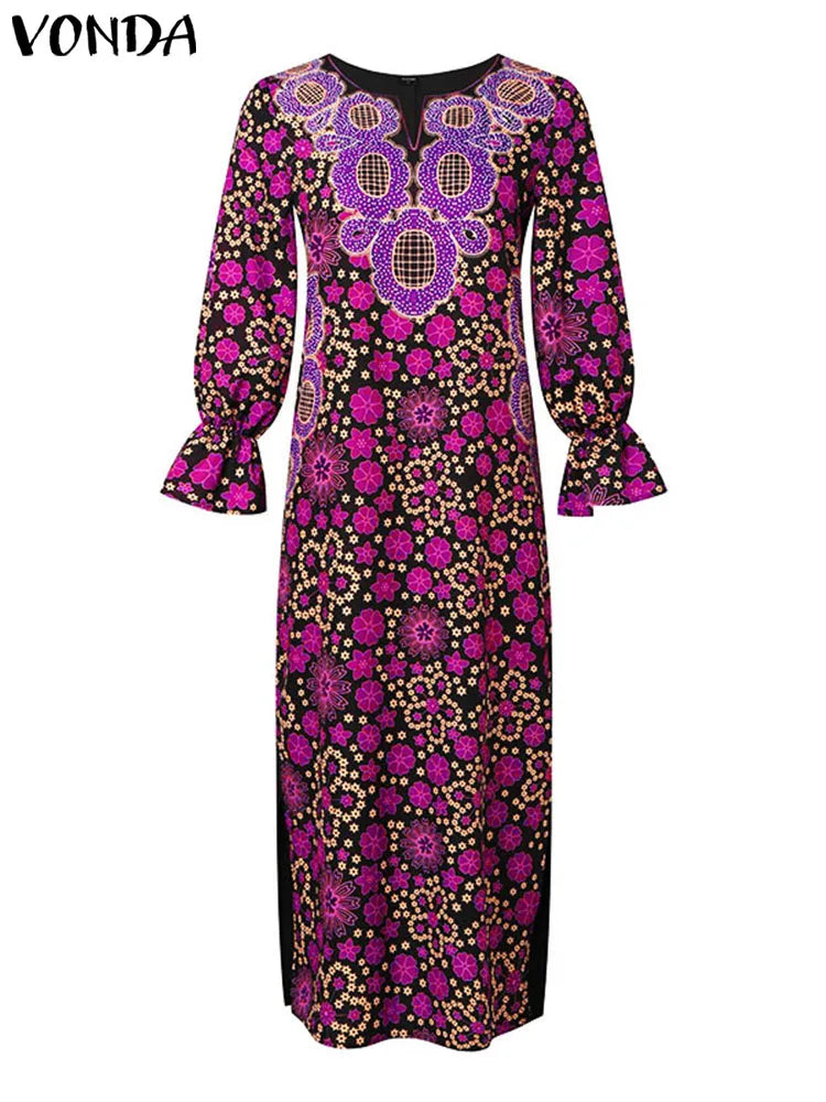 Plus Size 5XL VONDA Women Bohemian Dress Printed V-Neck Long Sleeve Maxi Sundress 2024 Fashion Vintage Split Casual Party Robe