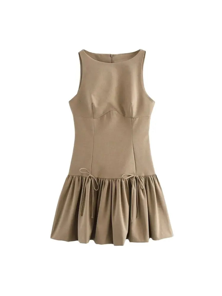 Women's Ruffled Mini Dress with Bows, O Neck, Sleeveless, Back Zipper, Female Dresses, Chic Fashion