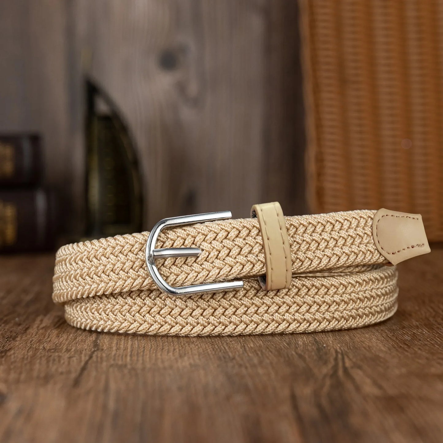 Woven elastic holeless needle buckle belt fashion belt