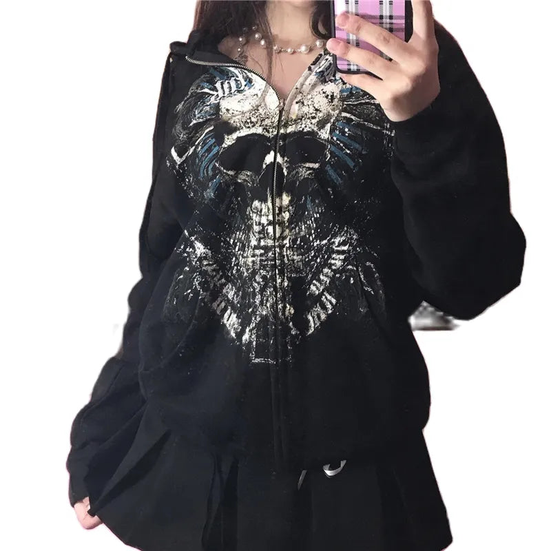 Sweatshirt Women Fairy Grunge Skull Print Long Sleeve Hooded Tops Coats