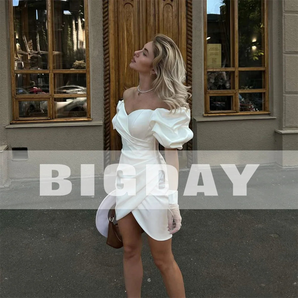 White Bridesmaid Dresses: Elegant Short Wedding Dresses Puff Sleeve Sweetheart