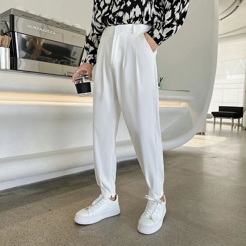 Spring Summer Pants Men Tapered Bottom Slit Trousers Korean Style White Khaki