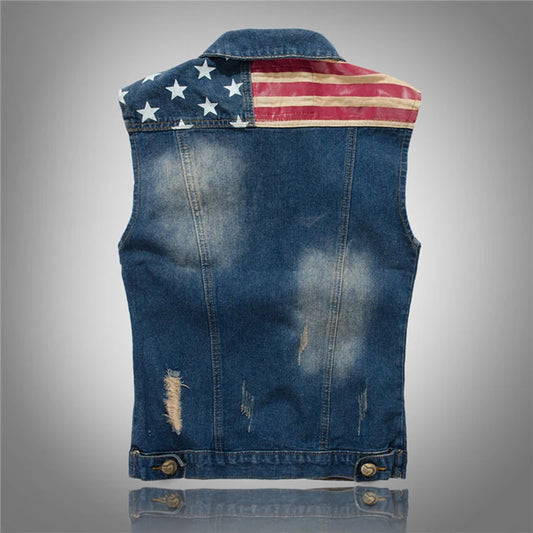 Vest for Men Spliced USA Flag Demin Waistcoat Mens Jackets Fashion Boy Jeans