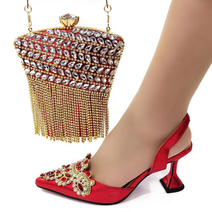 Gold Woman Shoes And Bag Set Luxury Ladies Stones Pumps Match With Handbag Sandals Clutch Purse Escarpins Femme Sandales CR949