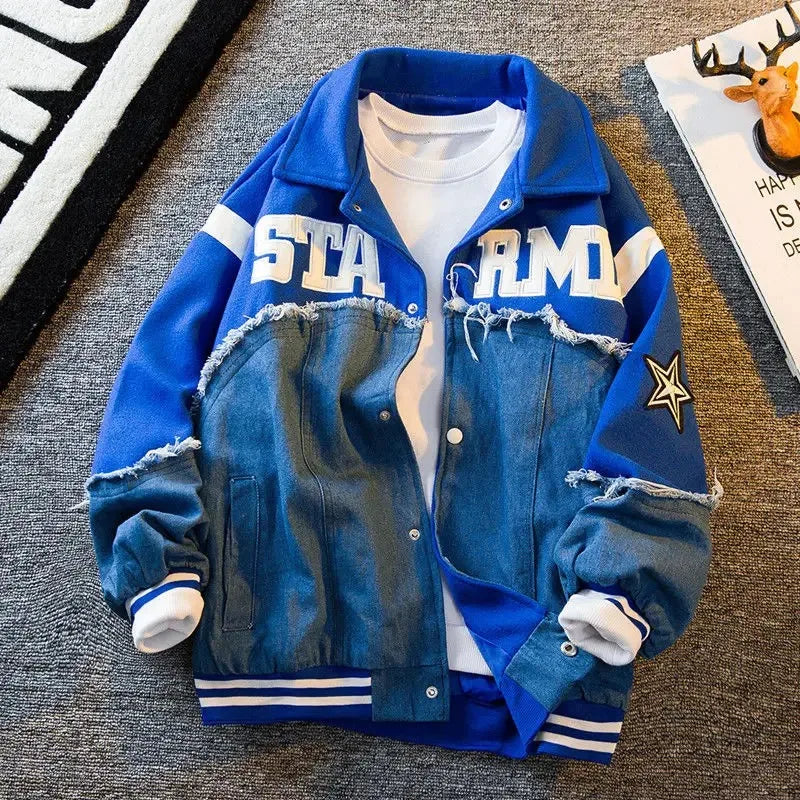 American retro denim stitching fashion embroidered jacket men's