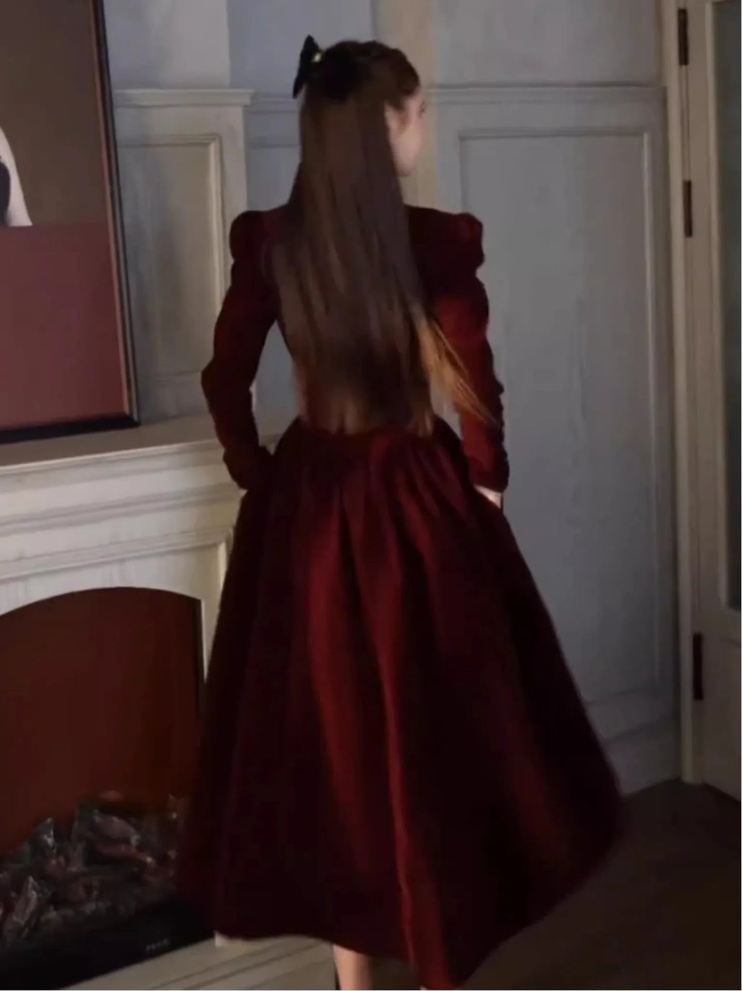 Formal attire Dresses: Vintage Christmas Red Velvet Dress Square Collar Evening Party