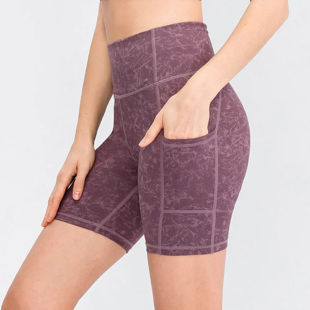 Women's printed nude yoga shorts with pockets skin-friendly tight stretch quick-drying sports fitness hiking running shorts